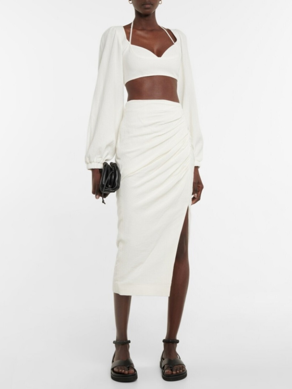 Jonathan Simkhai Hayden Ivory Ruched Midi Skirt Side Slit Size 6
